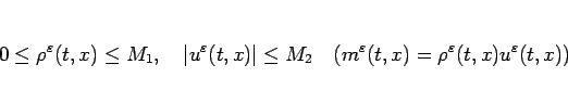 \begin{displaymath}
0\leq\rho^\varepsilon (t,x)\leq M_1,\hspace{1zw}\vert u^\va...
...^\varepsilon (t,x)=\rho^\varepsilon (t,x)u^\varepsilon (t,x))
\end{displaymath}