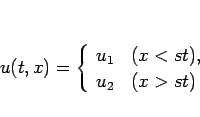 \begin{displaymath}
u(t,x)
=\left\{\begin{array}{ll}
u_1 & (x<st),\\
u_2 & (x>st)
\end{array}\right.\end{displaymath}