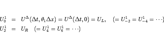 \begin{eqnarray*}U^1_0
&=&
U^\Delta(\Delta t,\theta_1\Delta x)
=
U^\Delta(...
...}=\cdots)
\\
U^1_2
&=& U_R
\hspace{1zw}(=U^1_4=U^1_6=\cdots)\end{eqnarray*}