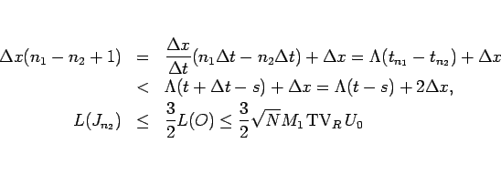 \begin{eqnarray*}\Delta x (n_1-n_2+1)
&=&
\frac{\Delta x}{\Delta t}(n_1\Delta ...
...O)\leq \frac{3}{2}\sqrt{N}M_1\mathop{\mathrm{TV}}\nolimits _R U_0\end{eqnarray*}