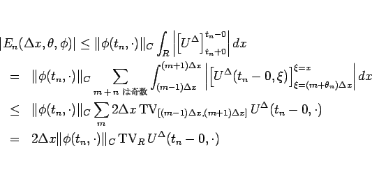 \begin{eqnarray*}\lefteqn{\vert E_n(\Delta x,\theta,\phi)\vert
\leq
\Vert\phi...
...)\Vert _{C}\mathop{\mathrm{TV}}\nolimits _R U^\Delta(t_n-0,\cdot)\end{eqnarray*}