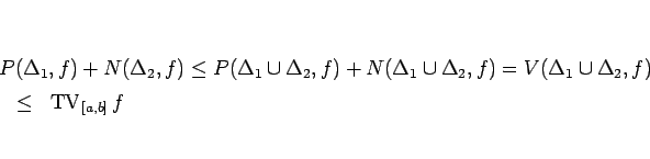 \begin{eqnarray*}\lefteqn{P(\Delta_1,f)+N(\Delta_2,f)
\leq
P(\Delta_1\cup\Delt...
...elta_2,f)}
 &\leq &
\mathop{\mathrm{TV}}\nolimits _{[a,b]}f
\end{eqnarray*}