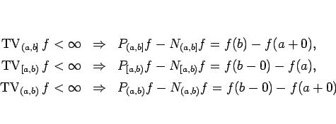 \begin{eqnarray*}\mathop{\mathrm{TV}}\nolimits _{(a,b]}f<\infty
&\Rightarrow &...
...infty
&\Rightarrow &
P_{(a,b)}f - N_{(a,b)}f = f(b-0)-f(a+0)
\end{eqnarray*}