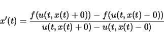 \begin{displaymath}
x'(t) = \frac{f(u(t,x(t)+0))-f(u(t,x(t)-0))}{u(t,x(t)+0)-u(t,x(t)-0)}
\end{displaymath}