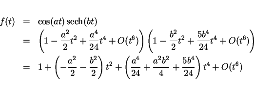 \begin{eqnarray*}
f(t) & = & \cos(at)\mathop{\rm sech}(bt)\\
& = & \left(1-\f...
...rac{a^4}{24}+\frac{a^2b^2}{4}+\frac{5b^4}{24}\right)t^4 + O(t^6)
\end{eqnarray*}