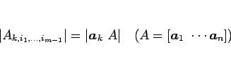 \begin{displaymath}
\vert A_{k,i_1,\ldots,i_{m-1}}\vert=\vert\mbox{\boldmath$a$}...
...{1zw}(A=[\mbox{\boldmath$a$}_1\ \cdots \mbox{\boldmath$a$}_n])
\end{displaymath}