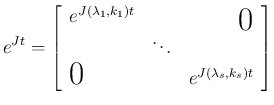 $\displaystyle e^{Jt}=\left[\begin{array}{ccc}e^{J(\lambda_1,k_1)t} & \multicolu...
...umn{2}{l}{\raisebox{0ex}{\LARGE$0$}} & e^{J(\lambda_s,k_s)t}\end{array}\right]
$