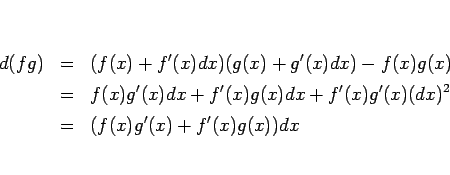 \begin{eqnarray*}d(fg)
&=&
(f(x)+f'(x)dx)(g(x)+g'(x)dx)-f(x)g(x)
\\ &=&
f(x...
...x+f'(x)g(x)dx + f'(x)g'(x)(dx)^2
\\ &=&
(f(x)g'(x)+f'(x)g(x))dx\end{eqnarray*}