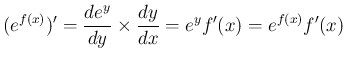 $\displaystyle (e^{f(x)})' = \frac{de^y}{dy}\times\frac{dy}{dx} = e^yf'(x)
=e^{f(x)}f'(x)
$