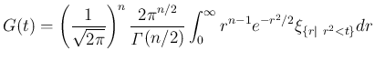 $\displaystyle
G(t)
= \left(\frac{1}{\sqrt{2\pi}}\right)^n
\frac{2\pi^{n/2}}{...
...mathit{\Gamma}}(n/2)}\int_0^\infty r^{n-1}
e^{-r^2/2}\xi_{\{r\vert\ r^2<t\}}dr$