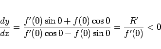\begin{displaymath}
\frac{dy}{dx}
= \frac{f'(0)\sin 0+f(0)\cos 0}{f'(0)\cos 0-f(0)\sin 0}
= \frac{R'}{f'(0)}
< 0
\end{displaymath}