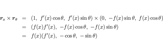 \begin{eqnarray*}\mbox{\boldmath$r$}_x\times\mbox{\boldmath$r$}_\theta
&=&
(1,...
...-f(x)\sin\theta)
 &=&
f(x)(f'(x), -\cos\theta, -\sin\theta)\end{eqnarray*}