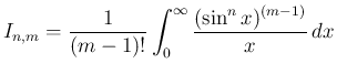 $\displaystyle
I_{n,m} = \frac{1}{(m-1)!}\int_0^\infty\frac{(\sin^n x)^{(m-1)}}{x}\,dx$