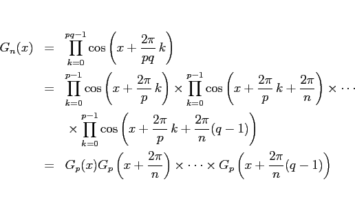 \begin{eqnarray*}G_n(x)
&=&
\prod_{k=0}^{pq-1}\cos\left(x + \frac{2\pi}{pq}\,...
...right)
\times\cdots\times
G_p\left(x+\frac{2\pi}{n}(q-1)\right)\end{eqnarray*}