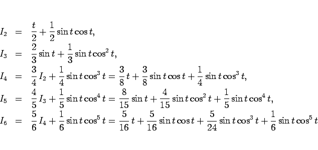 \begin{eqnarray*}I_2
&=&
\frac{t}{2}+\frac{1}{2}\sin t\cos t,\\
I_3
&=&
\...
...in t\cos t+\frac{5}{24}\sin t\cos^3 t
+\frac{1}{6}\sin t\cos^5 t\end{eqnarray*}