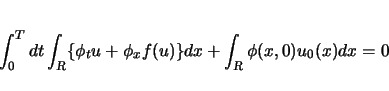 \begin{displaymath}
\int_0^T dt\int_{\mbox{\scriptsize\sl R}}\{\phi_t u + \phi_...
...)\}dx
+ \int_{\mbox{\scriptsize\sl R}}\phi(x,0)u_0(x)dx = 0
\end{displaymath}