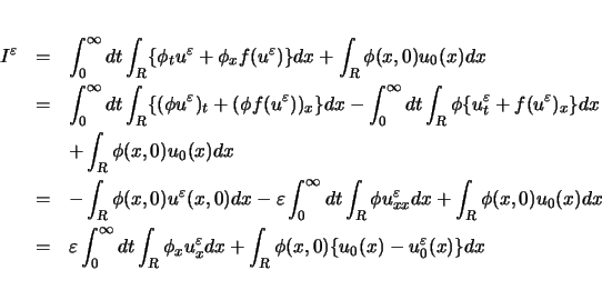 \begin{eqnarray*}
I^\varepsilon
& = &
\int_0^\infty dt\int_{\mbox{\scriptsi...
...mbox{\scriptsize\sl R}}\phi(x,0)\{u_0(x)-u^\varepsilon _0(x)\}dx
\end{eqnarray*}