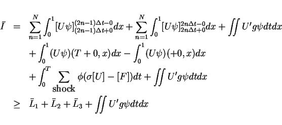 \begin{eqnarray*}
\bar{I} & = & \sum_{n=1}^N \int_0^1 [U\psi]_{(2n-1)\Delta t+0...
...}_1 + \bar{L}_2 + \bar{L}_3
+\int\hspace{-6pt}\int U'g\psi dtdx
\end{eqnarray*}