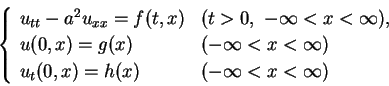 \begin{displaymath}
\left\{\begin{array}{ll}
u_{tt}-a^2 u_{xx} = f(t,x) & (t>0...
...y) \\
u_t(0,x)= h(x) & (-\infty<x<\infty)
\end{array}\right.\end{displaymath}