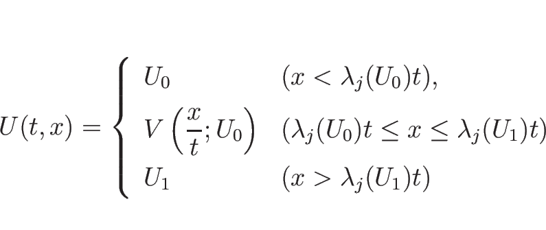 \begin{displaymath}
U(t,x)=\left\{\begin{array}{ll}
U_0 & (x<\lambda_j(U_0)t),...
...(U_1)t)\\ [.5zh]
U_1 & (x>\lambda_j(U_1)t)
\end{array}\right.\end{displaymath}