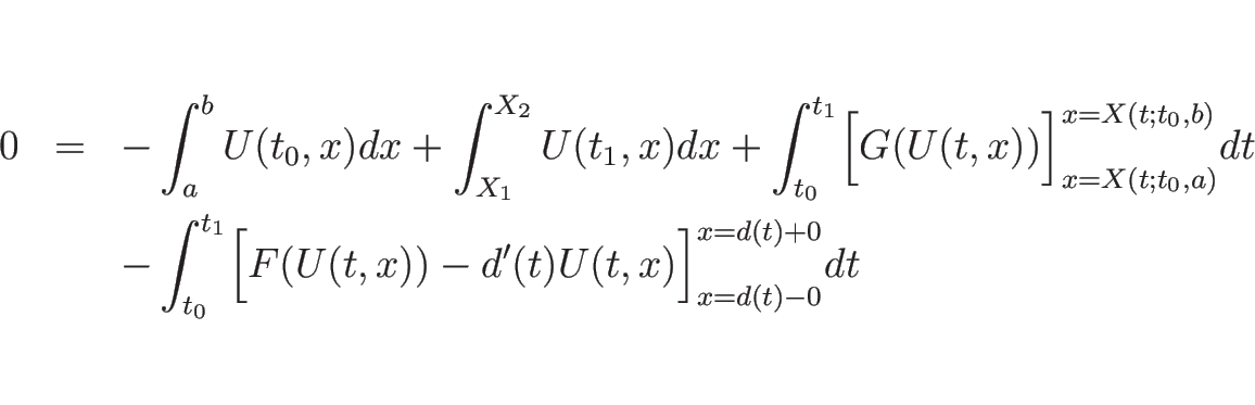 \begin{eqnarray*}0
&=&
-\int_a^bU(t_0,x)dx + \int_{X_1}^{X_2}U(t_1,x)dx
+\int...
...}^{t_1}\Bigl[F(U(t,x))-d'(t)U(t,x)\Bigr]^{x=d(t)+0}_{x=d(t)-0}dt \end{eqnarray*}