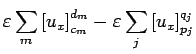 $\displaystyle \varepsilon\sum_{m}\left[u_x\right]_{c_m}^{d_m}
-\varepsilon\sum_{j}\left[u_x\right]_{p_j}^{q_j}$