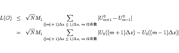 \begin{eqnarray*}L(O)
&\leq &
\sqrt{N}M_1\sum_{\mbox{\scriptsize$(\vert m\vert...
..., $m$ ϴ}}
\vert U_0((m+1)\Delta x)-U_0((m-1)\Delta x)\vert\end{eqnarray*}
