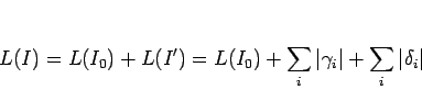 \begin{displaymath}
L(I)
=L(I_0)+L(I')
=L(I_0)+\sum_{i}\vert\gamma_i\vert + \sum_{i}\vert\delta_i\vert\end{displaymath}