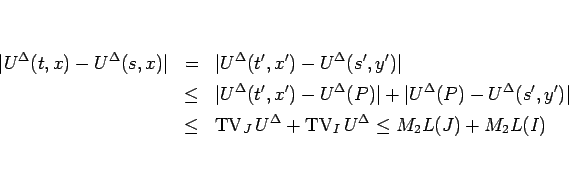 \begin{eqnarray*}\vert U^\Delta(t,x)-U^\Delta(s,x)\vert
&=&
\vert U^\Delta(t',...
...+ \mathop{\mathrm{TV}}\nolimits _I U^\Delta
\leq M_2L(J)+M_2L(I)\end{eqnarray*}