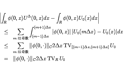 \begin{eqnarray*}\lefteqn{
\left\vert\int_R\phi(0,x)U^\Delta(0,x)dx -\int_R\phi...
...0,\cdot)\Vert _{C}
2\Delta x\mathop{\mathrm{TV}}\nolimits _R U_0\end{eqnarray*}