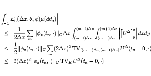 \begin{eqnarray*}\lefteqn{\left\vert\int_{-1}^1 E_n(\Delta x,\theta,\phi)\mu(d\t...
...\Vert _{C}\mathop{\mathrm{TV}}\nolimits _R U^\Delta(t_n-0,\cdot) \end{eqnarray*}