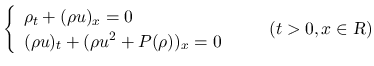 $\displaystyle
\left\{\begin{array}{l}
\rho_t+(\rho u)_x = 0\\
(\rho u)_t+(\rho u^2+P(\rho))_x = 0
\end{array}\right. \hspace*{2em}(t>0, x\in\mbox{\sl R})$