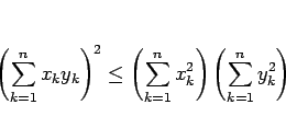 \begin{displaymath}
\left(\sum_{k=1}^n x_k y_k\right)^2
\leq \left(\sum_{k=1}^n x_k^2\right)\left(\sum_{k=1}^n y_k^2\right)
\end{displaymath}