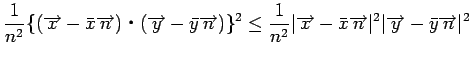 $\displaystyle \frac{1}{n^2}\{(\overrightarrow{x}-\bar{x}\overrightarrow{n})\mat...
...htarrow{n}\vert^2\vert\overrightarrow{y}-\bar{y}\overrightarrow{n}\vert^2
%=
$
