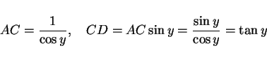 \begin{displaymath}
AC = \frac{1}{\cos y},\hspace{1zw}
CD = AC\sin y = \frac{\sin y}{\cos y} =\tan y
\end{displaymath}