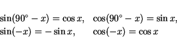 \begin{displaymath}
\begin{array}{ll}
\sin (90^\circ - x) = \cos x,&
\cos (90...
...in x,\\
\sin(-x) = -\sin x, & \cos(-x) = \cos x
\end{array}\end{displaymath}