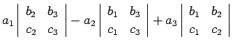 $\displaystyle a_1\left\vert\begin{array}{cc}b_2&b_3\\  c_2&c_3\end{array}\right...
...ht\vert
+a_3\left\vert\begin{array}{cc}b_1&b_2\\  c_1&c_2\end{array}\right\vert$