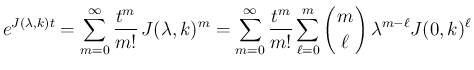 $\displaystyle e^{J(\lambda, k)t}
=\sum_{m=0}^\infty\frac{t^m}{m!}\,J(\lambda,k...
...c}
\!\!m\!\! \\ \!\!\ell\!\! \end{array}\right)\lambda^{m-\ell}J(0,k)^{\ell}
$