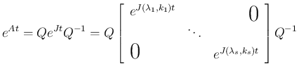 $\displaystyle
e^{At}=Qe^{Jt}Q^{-1}
=Q\left[\begin{array}{ccc}e^{J(\lambda_1,k...
...}{l}{\raisebox{0ex}{\LARGE$0$}} & e^{J(\lambda_s,k_s)t}\end{array}\right]Q^{-1}$