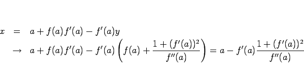 \begin{eqnarray*}x
&=&
a+f(a)f'(a)-f'(a)y
\\ &\rightarrow &
a+f(a)f'(a)-f'(a...
...1+(f'(a))^2}{f''(a)}\right)
=
a-f'(a)\frac{1+(f'(a))^2}{f''(a)}\end{eqnarray*}