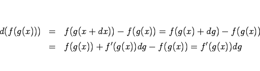 \begin{eqnarray*}d(f(g(x)))
&=&
f(g(x+dx))-f(g(x))
=
f(g(x)+dg)-f(g(x))
\\ &=&
f(g(x))+f'(g(x))dg - f(g(x))
=
f'(g(x))dg\end{eqnarray*}