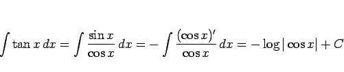 \begin{displaymath}
\int\tan x dx
= \int\frac{\sin x}{\cos x} dx
= -\int\frac{(\cos x)'}{\cos x} dx
= -\log\vert\cos x\vert+C
\end{displaymath}