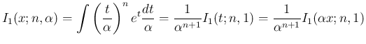 $\displaystyle
I_1(x; n, \alpha)
= \int \left(\frac{t}{\alpha}\right)^ne^t\fr...
...
= \frac{1}{\alpha^{n+1}}I_1(t;n,1)
= \frac{1}{\alpha^{n+1}}I_1(\alpha x;n,1)$
