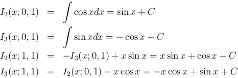 \begin{eqnarray*}I_2(x;0,1) &=& \int \cos x dx = \sin x + C
\\
I_3(x;0,1) &=&...
...\\
I_3(x;1,1) &=& I_2(x;0,1) - x\cos x
= -x\cos x + \sin x + C\end{eqnarray*}
