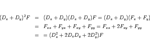 \begin{eqnarray*}(D_x+D_y)^2F
&=&
(D_x+D_y)(D_x+D_y)F
=
(D_x+D_y)(F_x+F_y)
...
..._{yy}
=
F_{xx}+2F_{xy}+F_{yy}
\\ &=&
=(D_x^2+2D_xD_y+2D_y^2)F\end{eqnarray*}