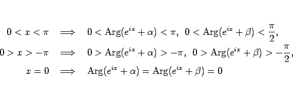 \begin{eqnarray*}0<x<\pi
&\mbox{ $\Longrightarrow$ }&
0<\mathop{\rm Arg}(e^{i...
...thop{\rm Arg}(e^{ix}+\alpha) = \mathop{\rm Arg}(e^{ix}+\beta) = 0\end{eqnarray*}