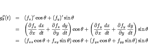 \begin{eqnarray*}g_\theta''(t)
&=&
(f_x)'\cos\theta + (f_y)'\sin\theta
\\ &=&...
...eta)\cos\theta
+(f_{yx}\cos\theta + f_{yy}\sin\theta)\sin\theta\end{eqnarray*}