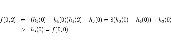 \begin{eqnarray*}f(0,2)
&=&
(h_3(0)-h_4(0))h_1(2)+h_3(0)
=8(h_3(0)-h_4(0))+h_3(0)\\
&>&
h_3(0)=f(0,0)\end{eqnarray*}