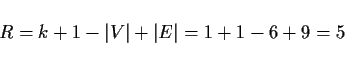 \begin{displaymath}
R=k+1-\vert V\vert+\vert E\vert=1+1-6+9=5
\end{displaymath}