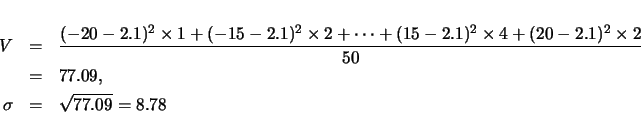 \begin{eqnarray*}
V
& = &
\frac{(-20-2.1)^2\times 1+(-15-2.1)^2\times 2+\cd...
...es 2}{50} \\
& = & 77.09, \\
\sigma & = & \sqrt{77.09}=8.78
\end{eqnarray*}